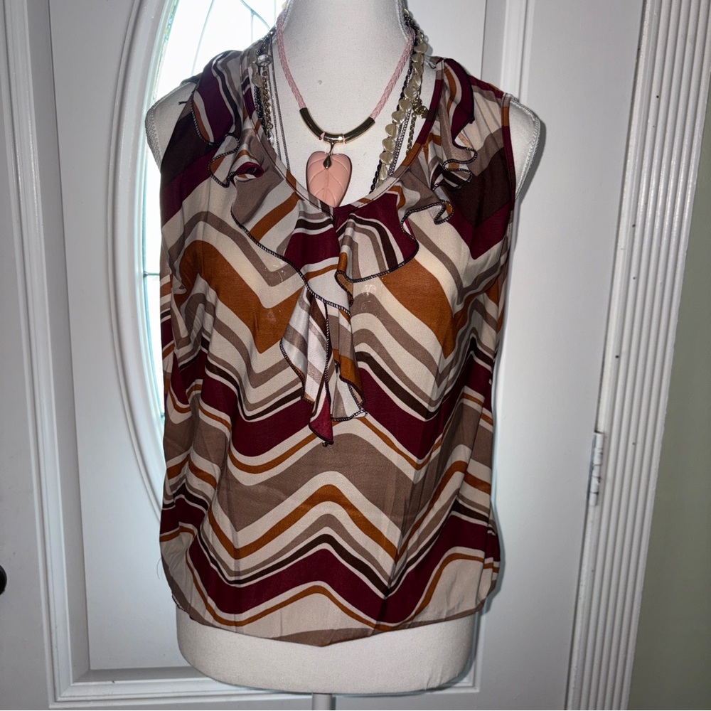 Vintage Chevron Ruffle sleeveless Blouse in Burgundy and Tan